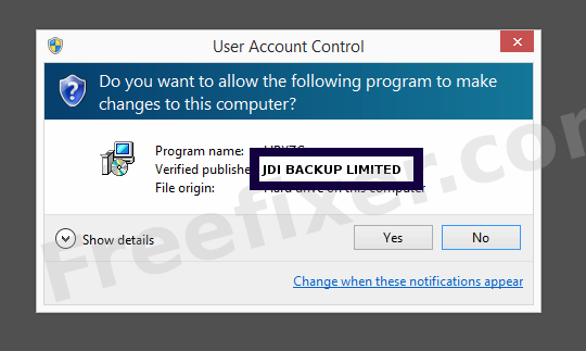 Screenshot where JDI BACKUP LIMITED appears as the verified publisher in the UAC dialog